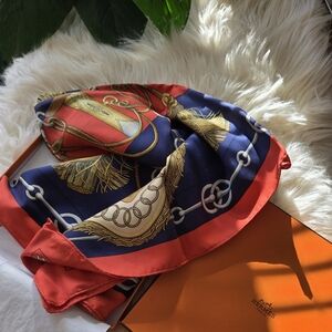 Elegant Red and Blue Scarf with Gold Accents